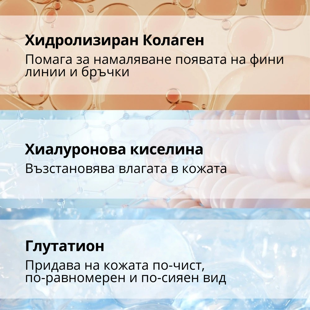 Хидратиращ ритуал за гладка и сияйна кожа с Колаген, Хиалуронова киселина, Серамиди и растителни екстракти - Peel-off маска и серум