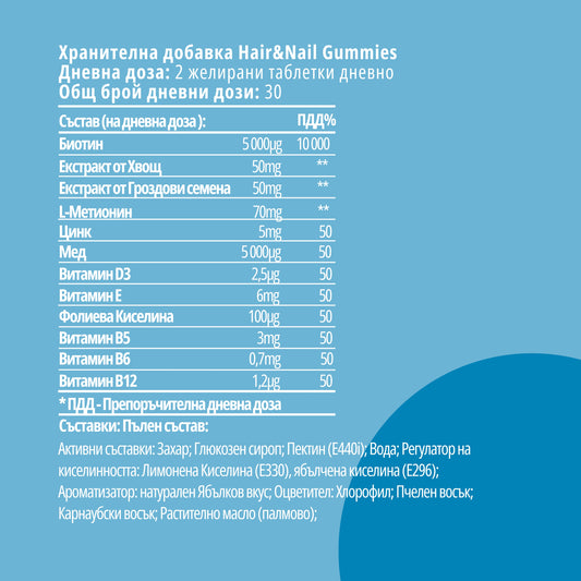 ВЕГАН ЖЕЛИРАНИ ВИТАМИНИ ЗА КОСА & НОКТИ с Биотин, Фолиева киселина, Полски Хвощ и екстракт от гроздови семки / GUMMIES